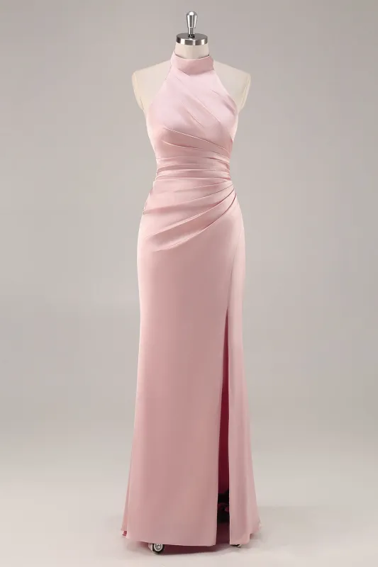Blush Sheath Halter Satin Pleated Open Back Long Bridesmaid Dress with Slit sold by Wedtrend