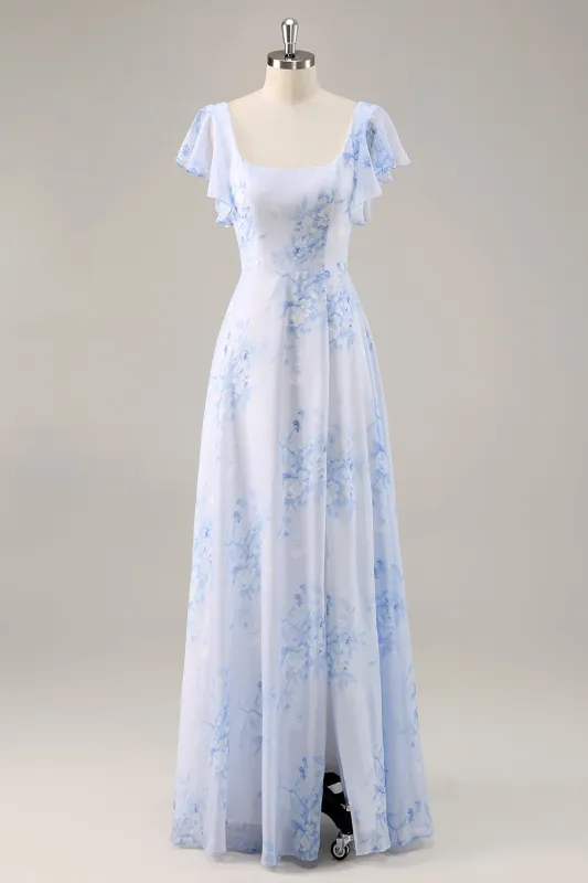 Blue Flower A-Line Square Neck Long Bridesmaid Dress with Slit sold by Wedtrend