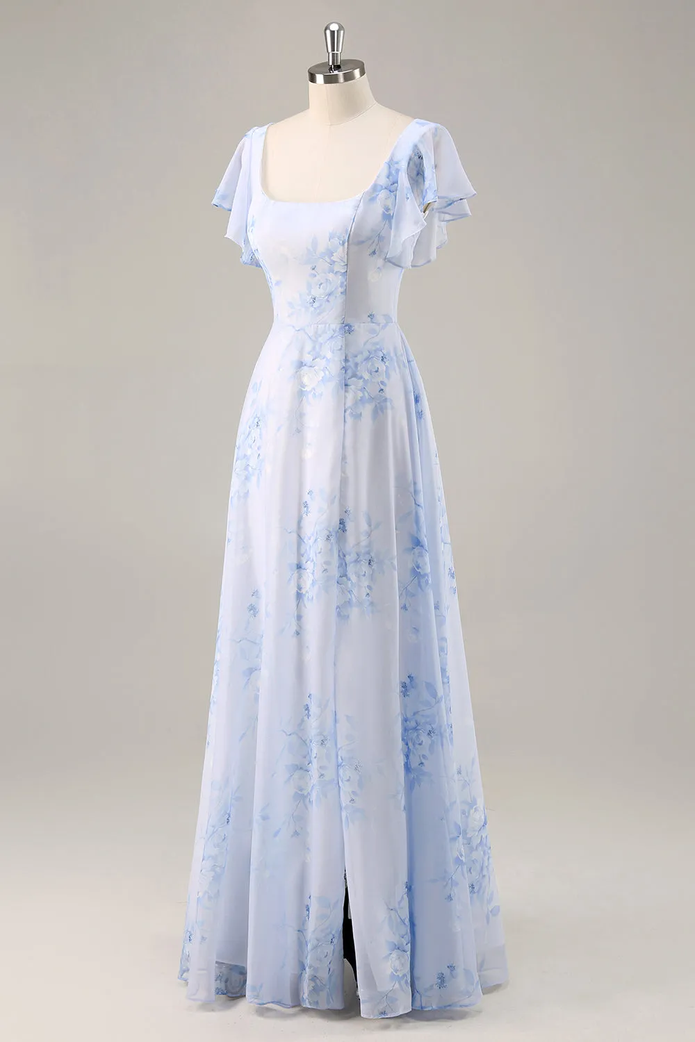 Blue Flower A-Line Square Neck Long Bridesmaid Dress with Slit sold by Wedtrend product image thumbnail 3