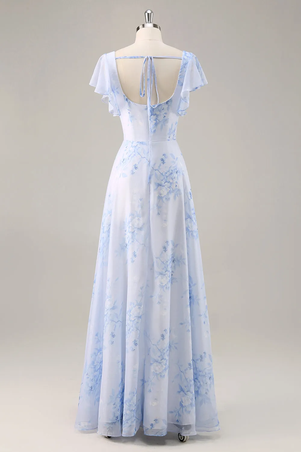 Blue Flower A-Line Square Neck Long Bridesmaid Dress with Slit sold by Wedtrend product image thumbnail 2