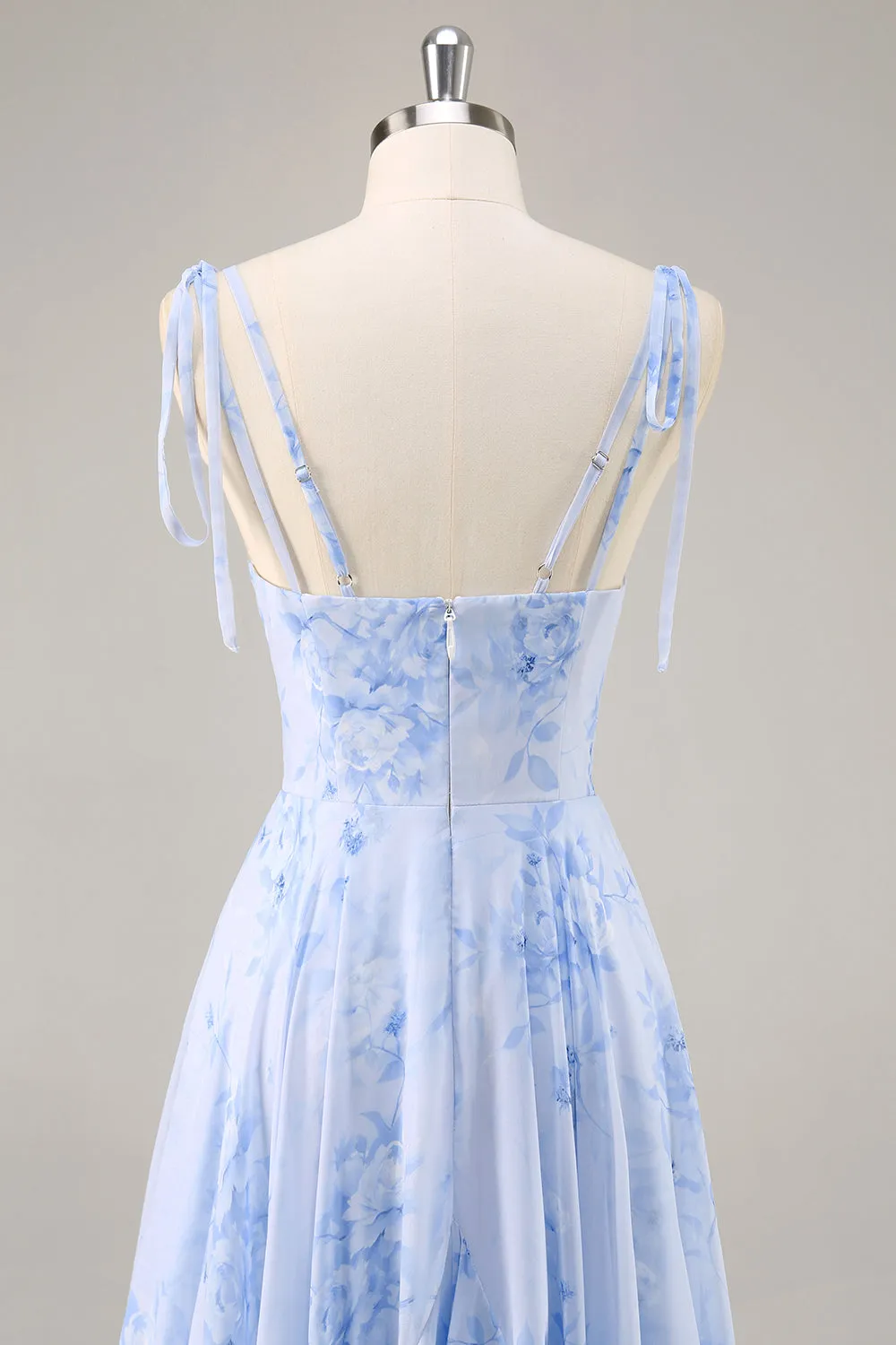 A-Line Spaghetti Straps Long Blue Floral Bridesmaid Dress with Ruffles sold by Wedtrend product image thumbnail 5