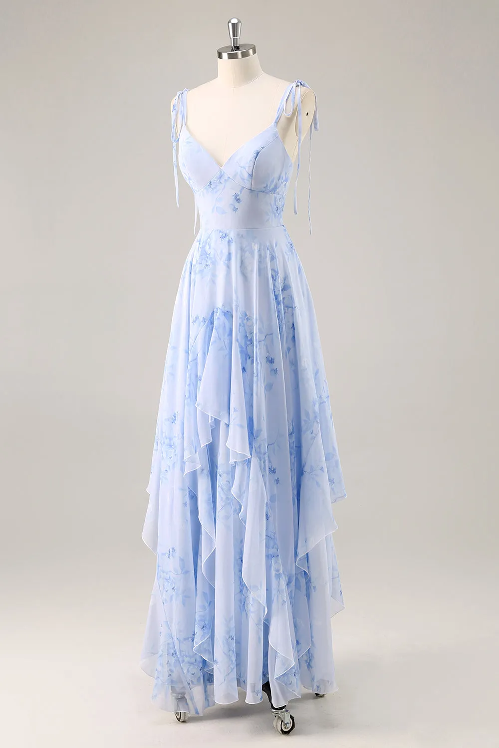 A-Line Spaghetti Straps Long Blue Floral Bridesmaid Dress with Ruffles sold by Wedtrend product image thumbnail 3