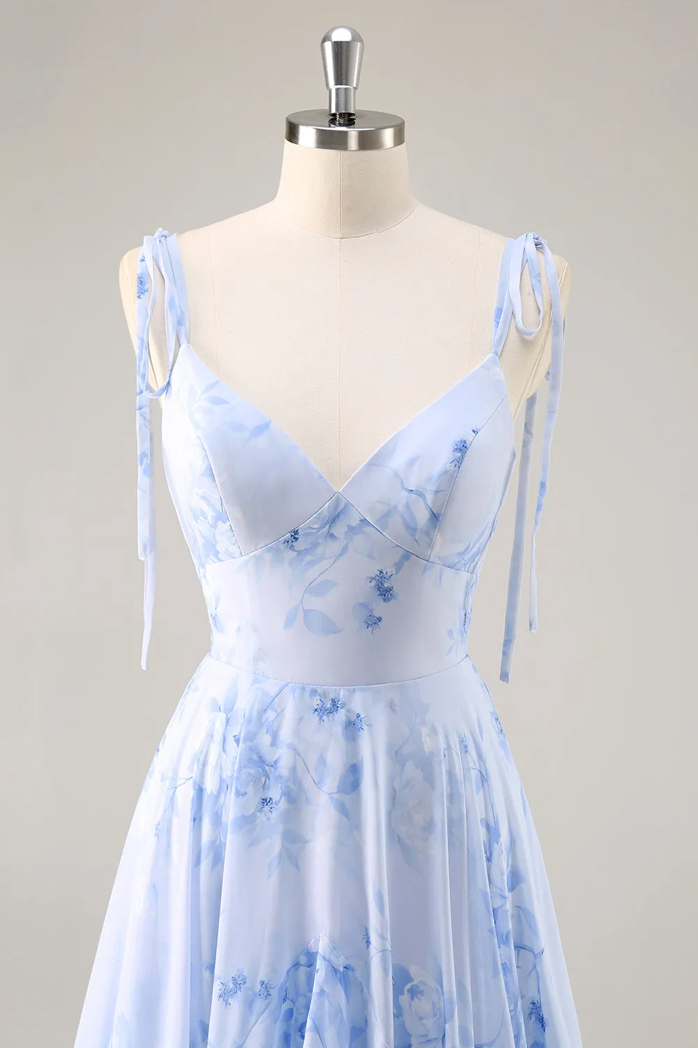 A-Line Spaghetti Straps Long Blue Floral Bridesmaid Dress with Ruffles sold by Wedtrend product image thumbnail 4