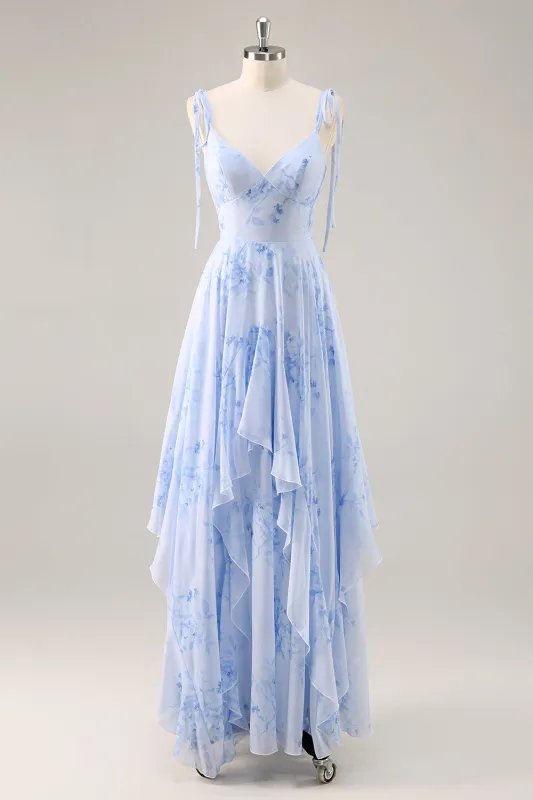 A-Line Spaghetti Straps Long Blue Floral Bridesmaid Dress with Ruffles made by Wedtrend