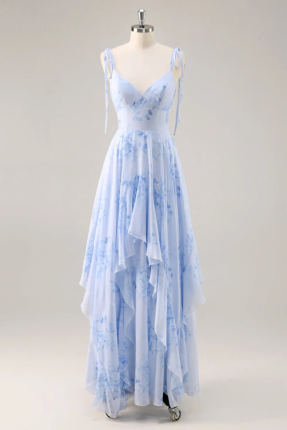 A-Line Spaghetti Straps Long Blue Floral Bridesmaid Dress with Ruffles sold by Wedtrend