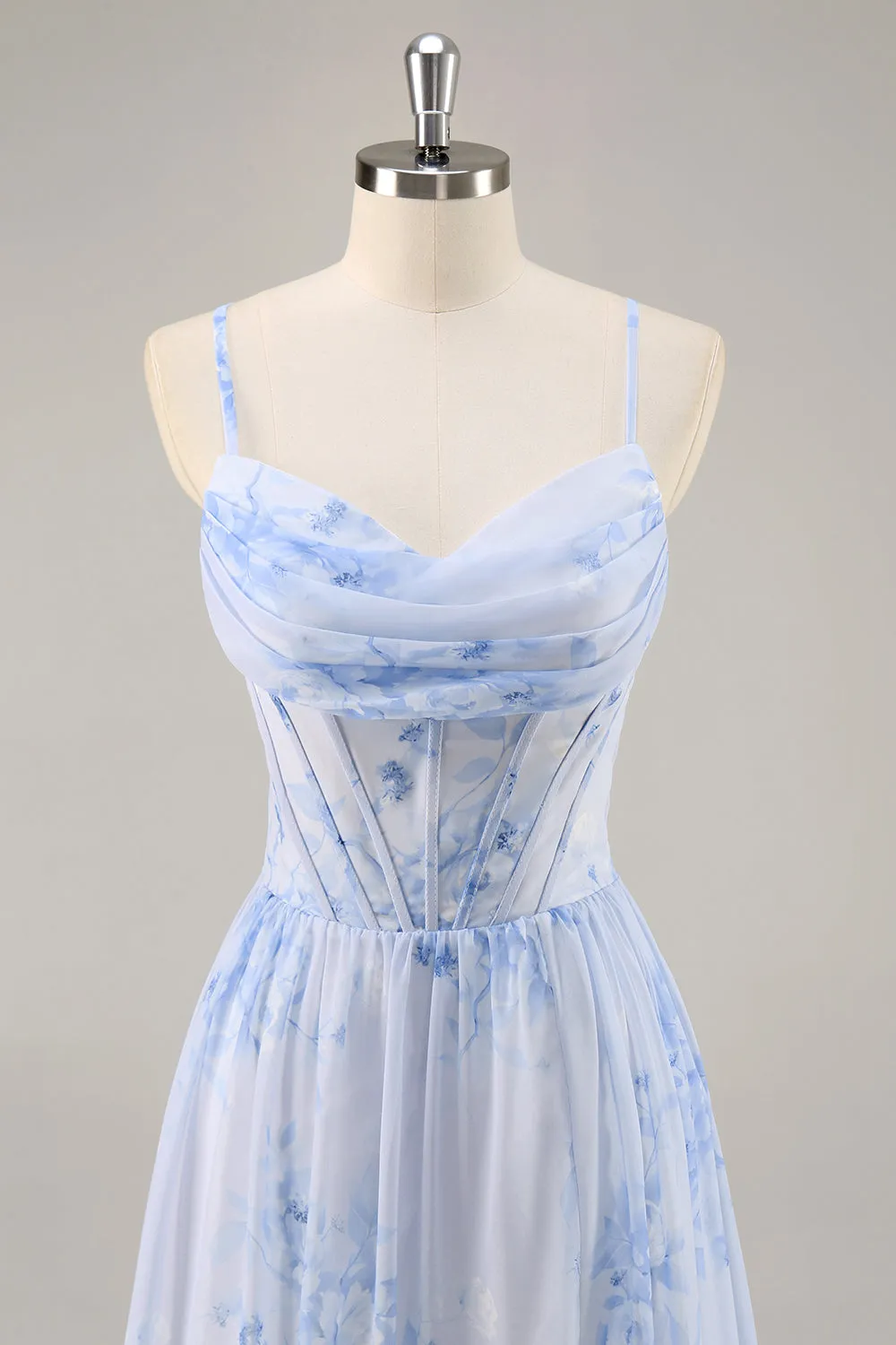 Blue Flower A-Line Cowl Neck Corset Long Bridesmaid Dress with Slit sold by Wedtrend product image thumbnail 4