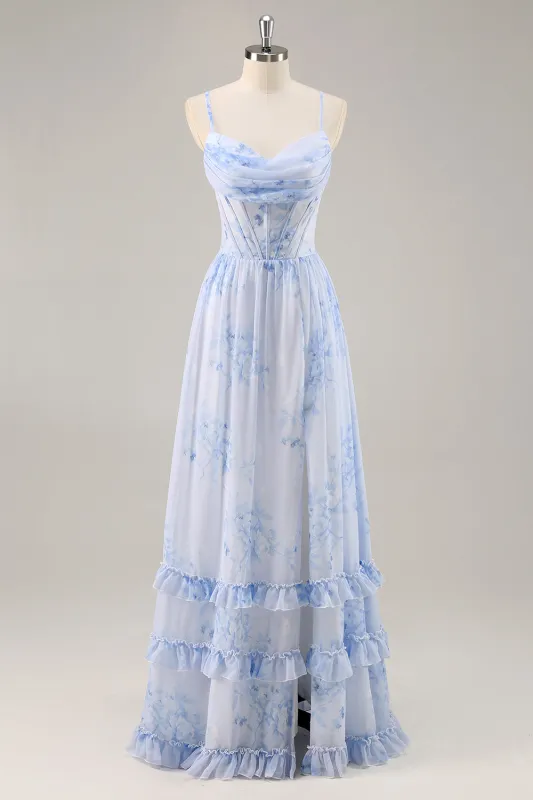 Blue Flower A-Line Cowl Neck Corset Long Bridesmaid Dress with Slit made by Wedtrend