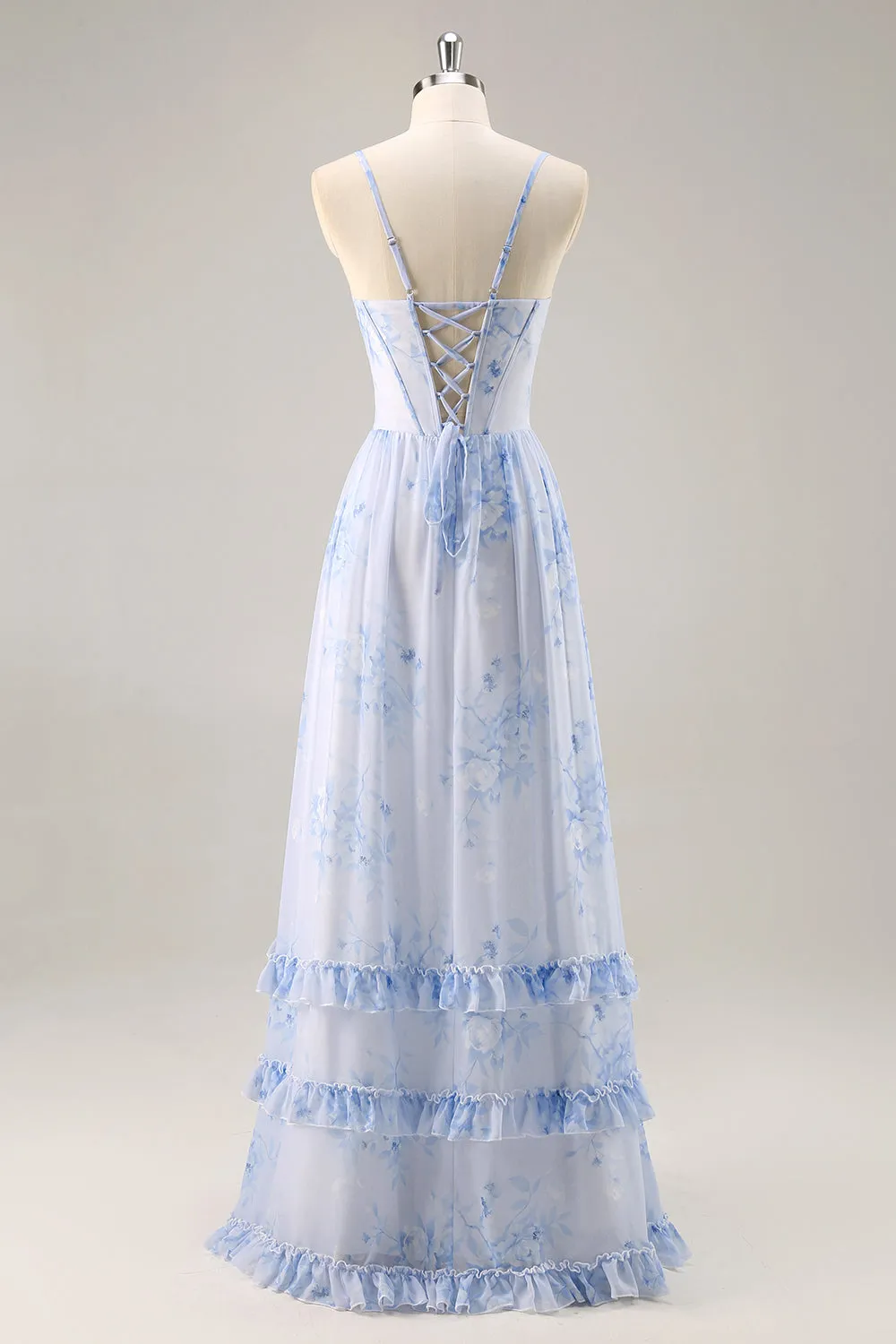 Blue Flower A-Line Cowl Neck Corset Long Bridesmaid Dress with Slit sold by Wedtrend product image thumbnail 2