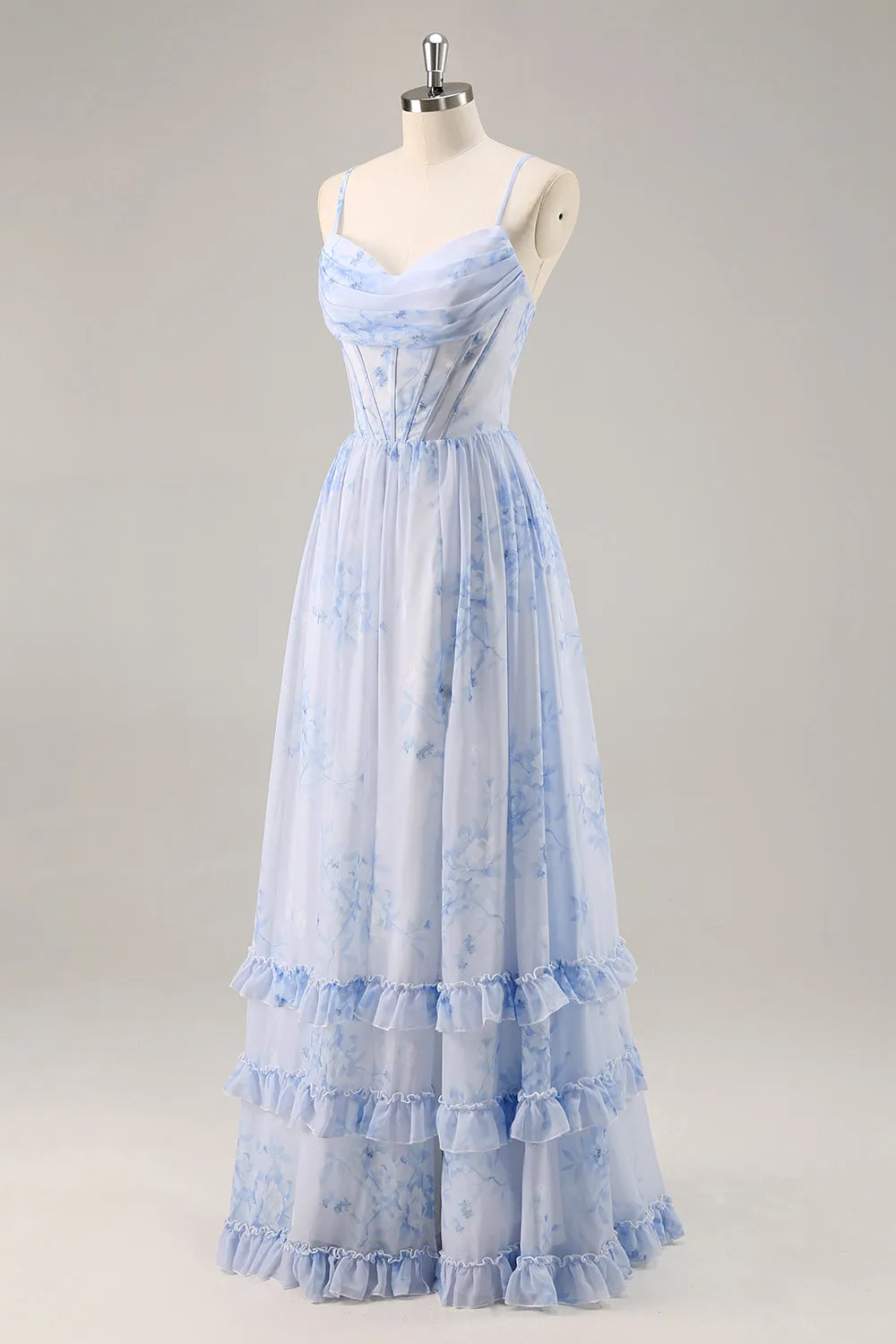 Blue Flower A-Line Cowl Neck Corset Long Bridesmaid Dress with Slit sold by Wedtrend product image thumbnail 3