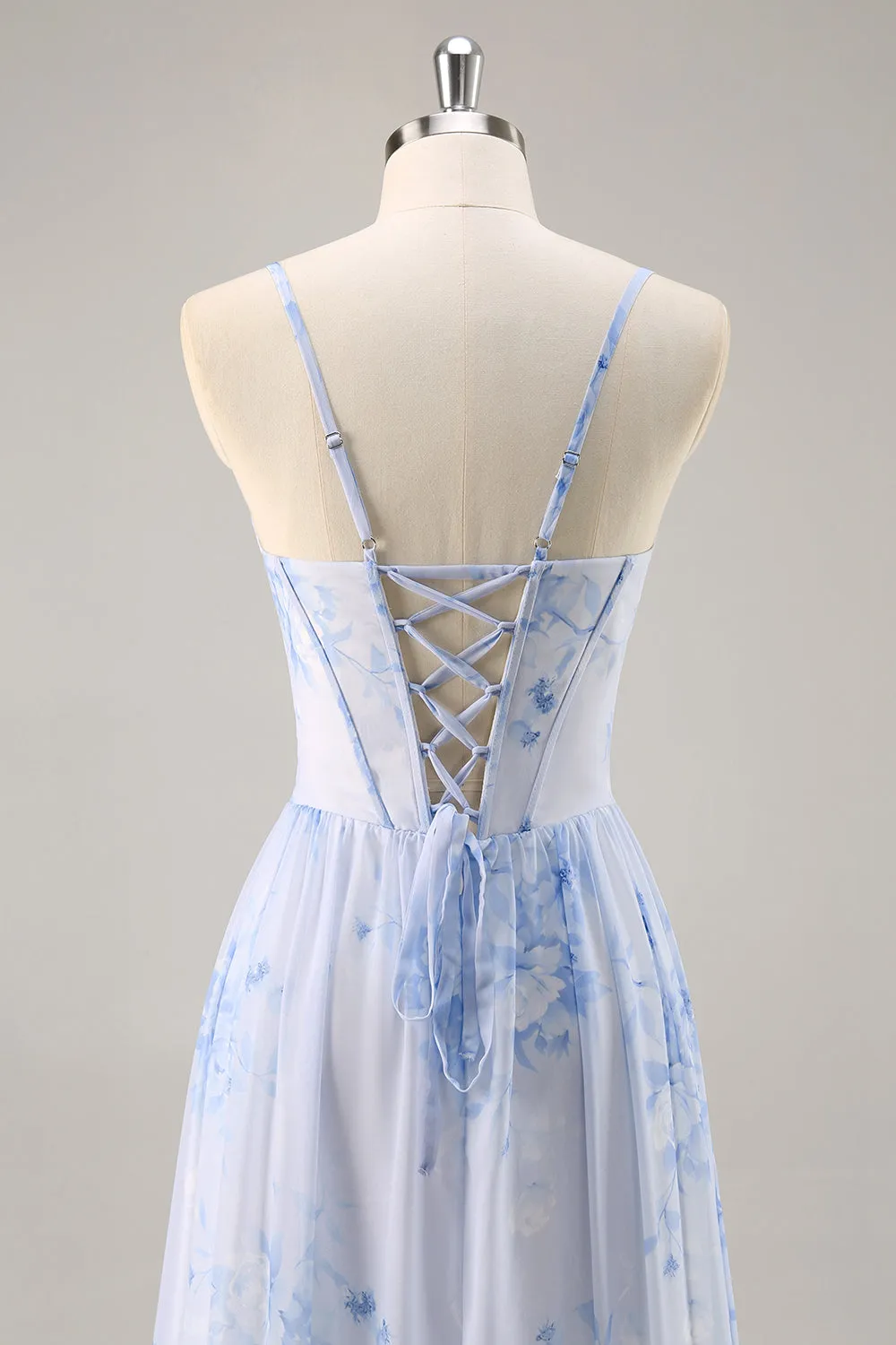 Blue Flower A-Line Cowl Neck Corset Long Bridesmaid Dress with Slit sold by Wedtrend product image thumbnail 5