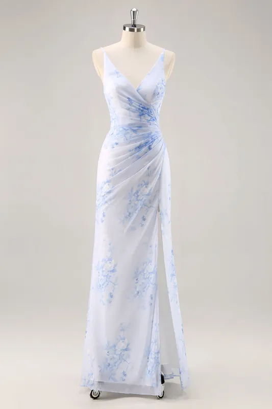 Blue Flower Sheath V Neck Ruched Long Bridesmaid Dress with Slit sold by Wedtrend