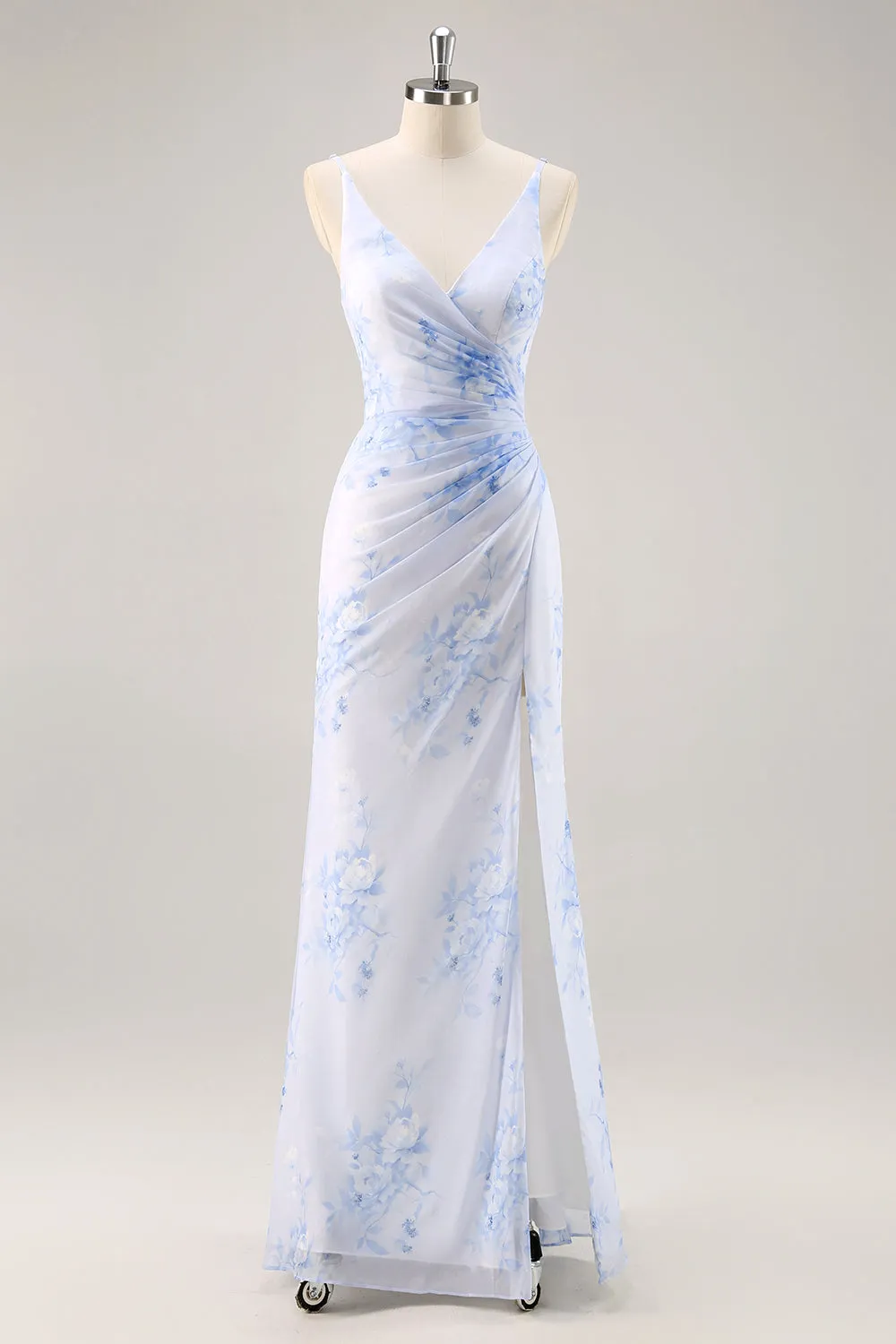 Blue Flower Sheath V Neck Ruched Long Bridesmaid Dress with Slit sold by Wedtrend