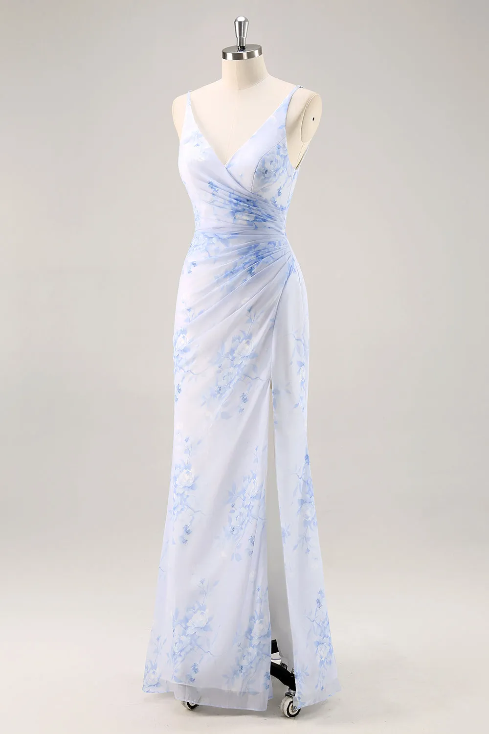 Blue Flower Sheath V Neck Ruched Long Bridesmaid Dress with Slit sold by Wedtrend product image thumbnail 3