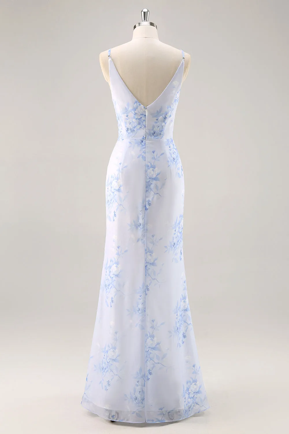 Blue Flower Sheath V Neck Ruched Long Bridesmaid Dress with Slit sold by Wedtrend product image thumbnail 2