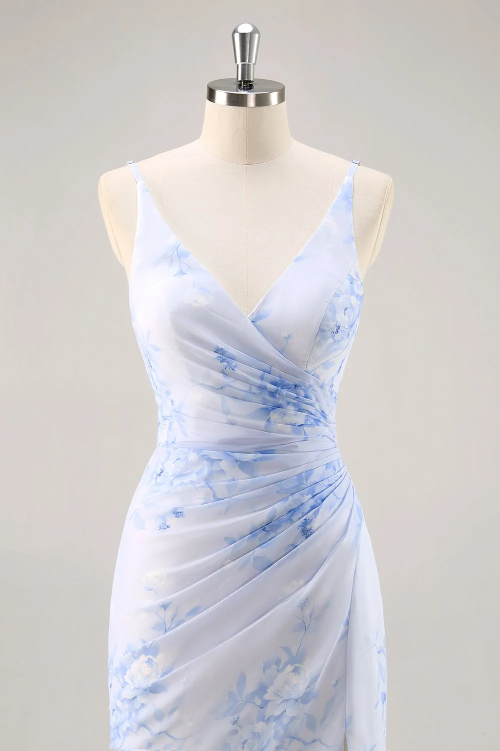 Blue Flower Sheath V Neck Ruched Long Bridesmaid Dress with Slit sold by Wedtrend product image thumbnail 4