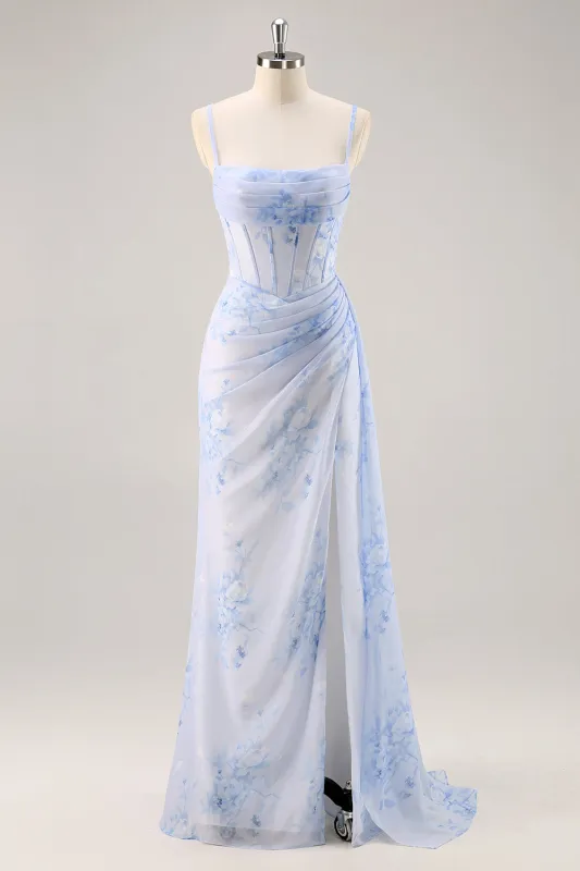 Blue Floral Mermaid Spaghetti Straps Corset Long Bridesmaid Dress with Streamer made by Wedtrend