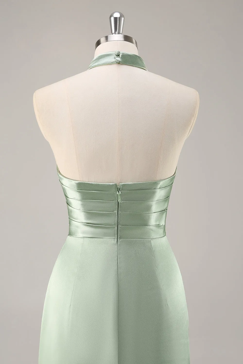 Sage Green Sheath Satin Ruched Backless Long Bridesmaid Dress with Slit sold by Wedtrend product image thumbnail 5