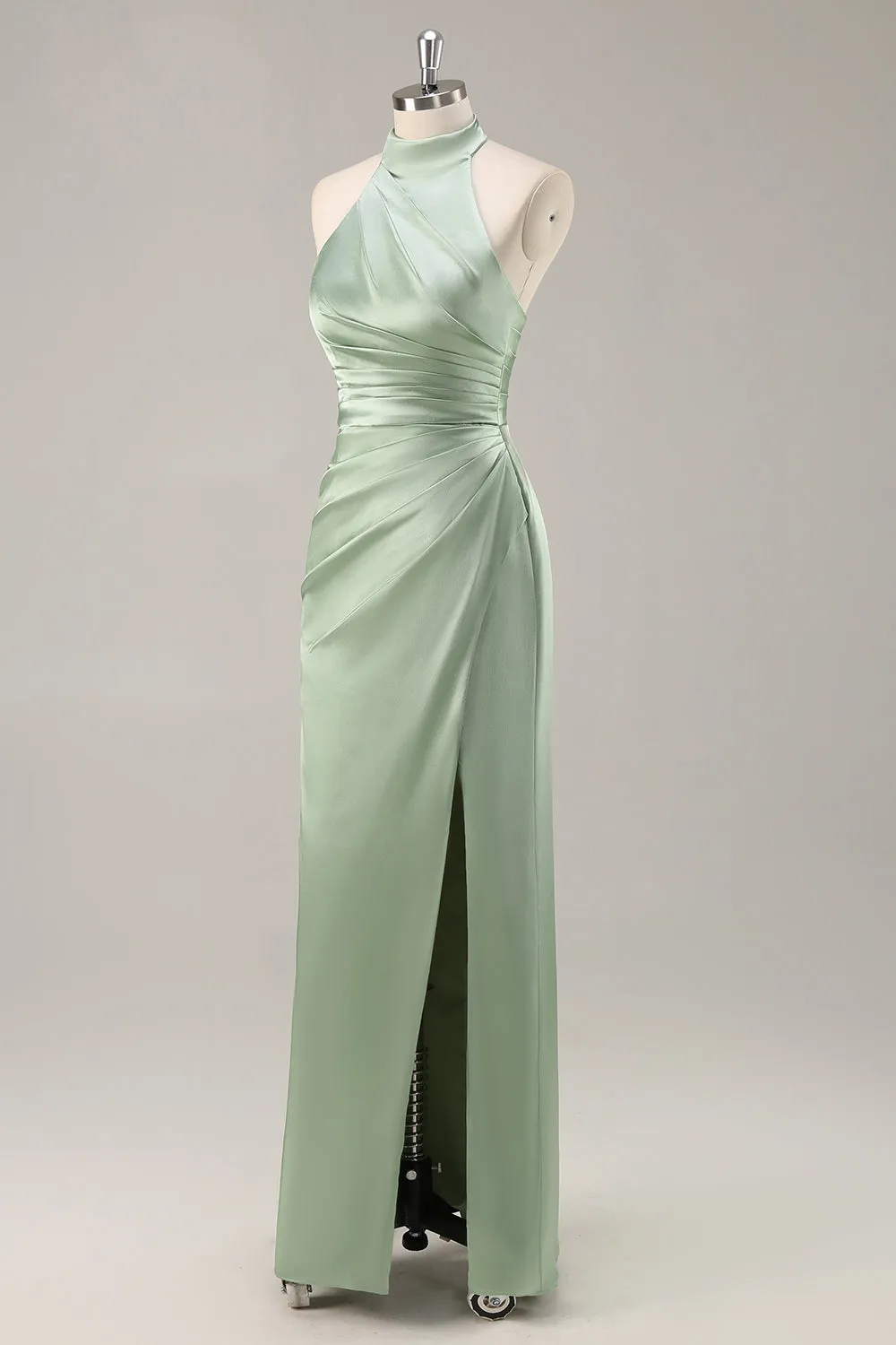 Sage Green Sheath Satin Ruched Backless Long Bridesmaid Dress with Slit sold by Wedtrend product image thumbnail 3