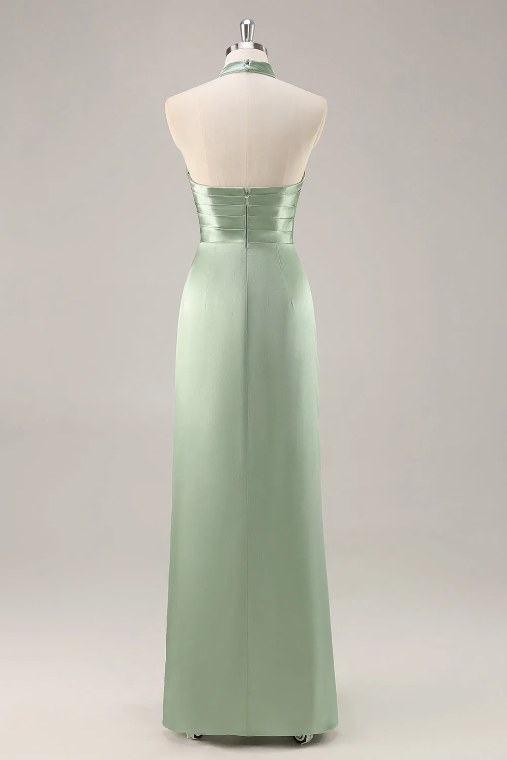 Sage Green Sheath Satin Ruched Backless Long Bridesmaid Dress with Slit sold by Wedtrend product image thumbnail 2