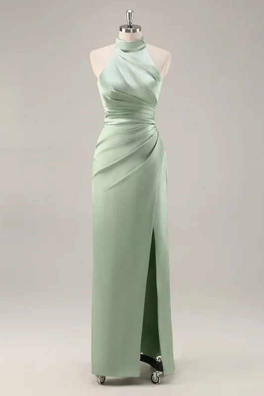 Sage Green Sheath Satin Ruched Backless Long Bridesmaid Dress with Slit sold by Wedtrend