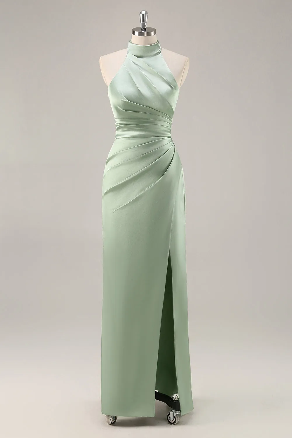 Sage Green Sheath Satin Ruched Backless Long Bridesmaid Dress with Slit sold by Wedtrend