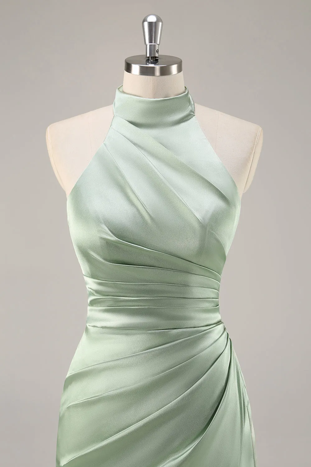 Sage Green Sheath Satin Ruched Backless Long Bridesmaid Dress with Slit sold by Wedtrend product image thumbnail 4