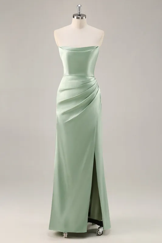 Sage Green Sheath Strapless Satin Pleated Floor Length Bridesmaid Dress with Slit sold by Wedtrend