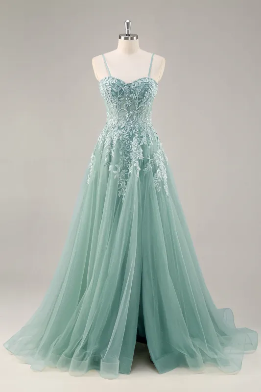 Sage Green Tulle A-Line Corset Beaded Long Prom Dress with Slit sold by Wedtrend