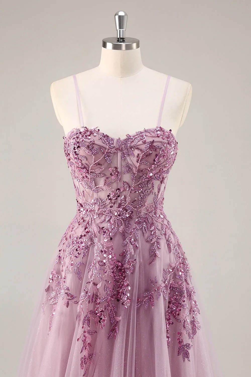 Grey Purple A-Line Corset Beaded Tulle Long Prom Dress with Slit sold by Wedtrend product image thumbnail 4