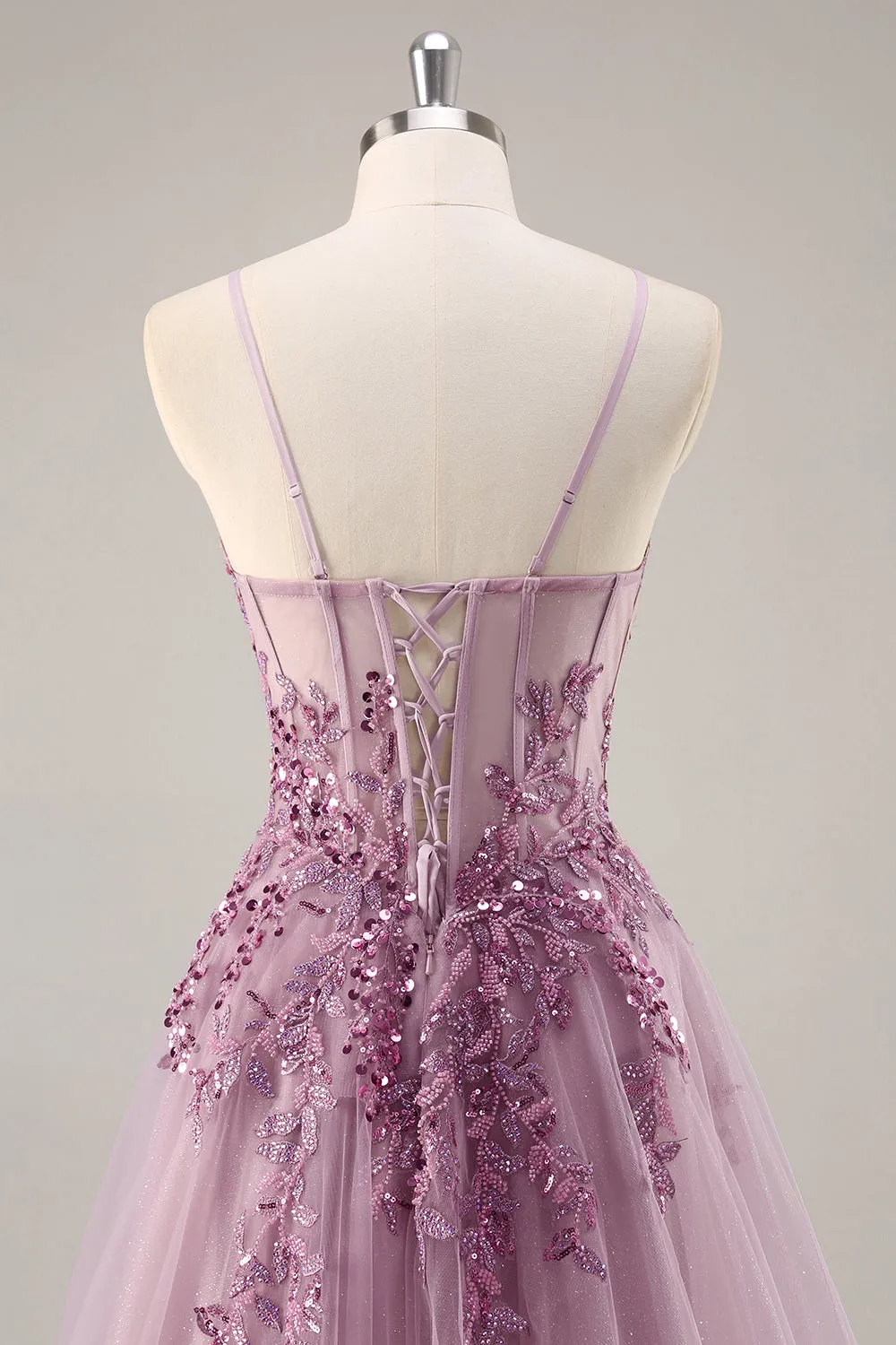 Grey Purple A-Line Corset Beaded Tulle Long Prom Dress with Slit sold by Wedtrend product image thumbnail 5