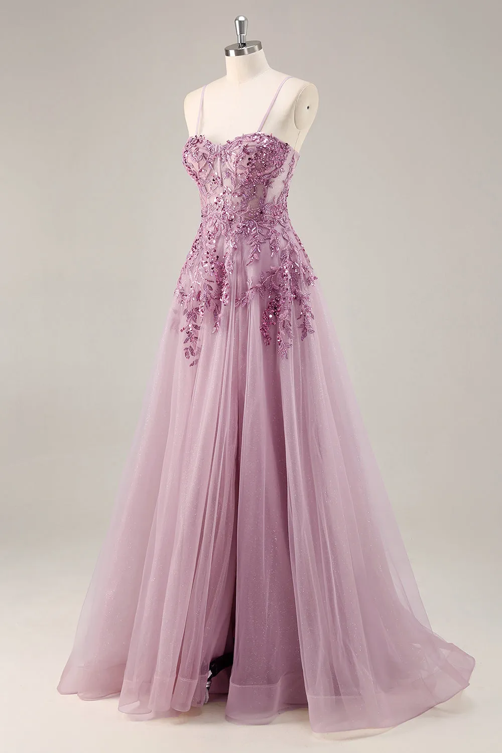Grey Purple A-Line Corset Beaded Tulle Long Prom Dress with Slit sold by Wedtrend product image thumbnail 3