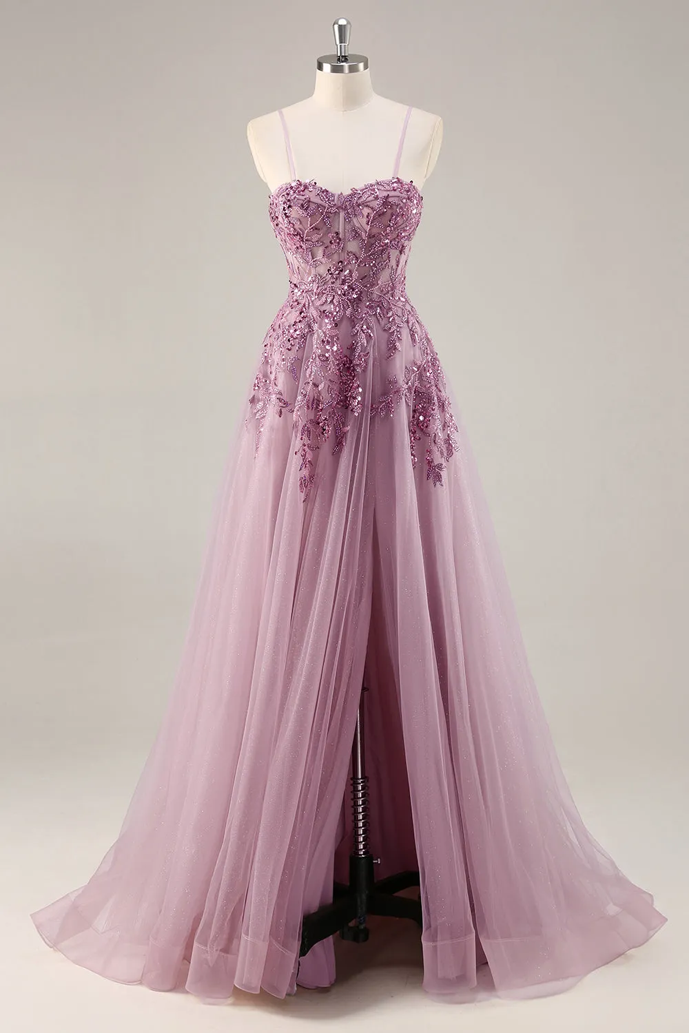 Grey Purple A-Line Corset Beaded Tulle Long Prom Dress with Slit sold by Wedtrend