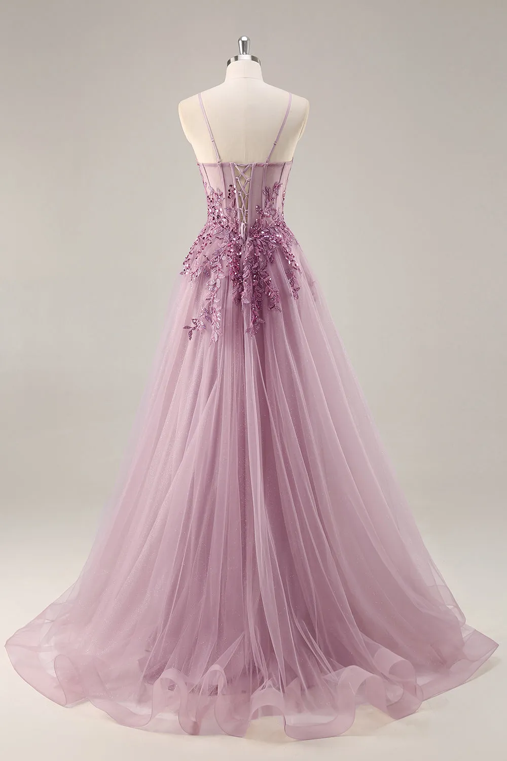 Grey Purple A-Line Corset Beaded Tulle Long Prom Dress with Slit sold by Wedtrend product image thumbnail 2