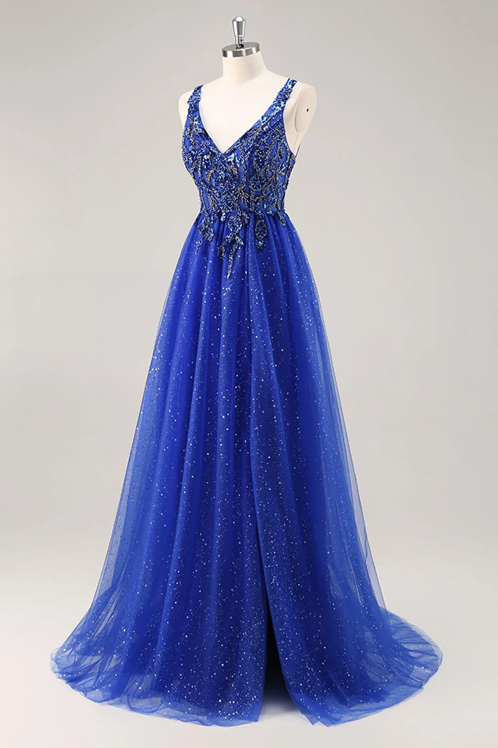 Sparkly Royal Blue A-Line V Neck Beaded Tulle Long Prom Dress with Slit sold by Wedtrend product image thumbnail 3