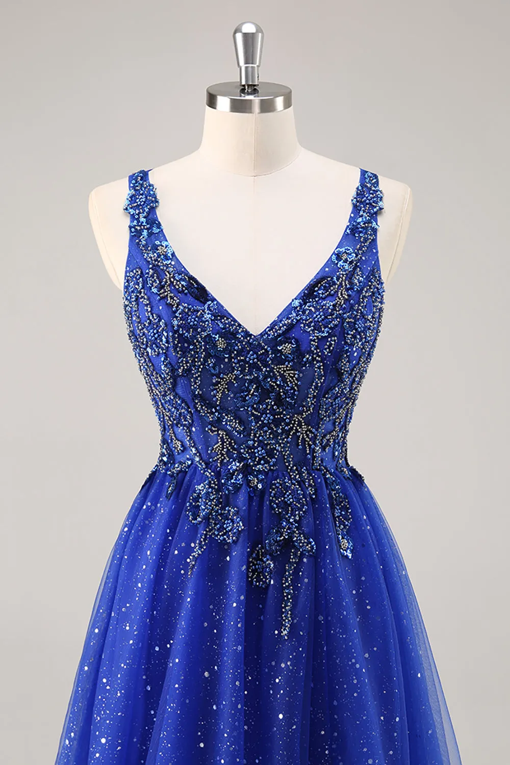 Sparkly Royal Blue A-Line V Neck Beaded Tulle Long Prom Dress with Slit sold by Wedtrend product image thumbnail 5