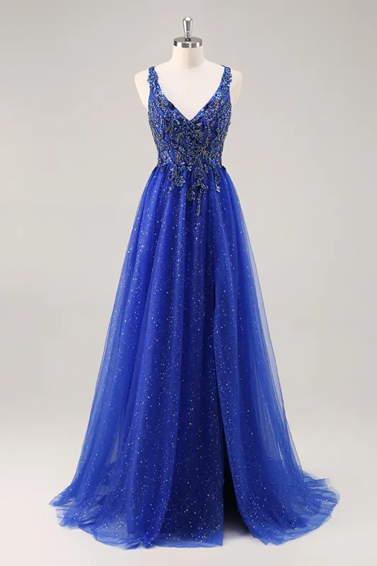 Sparkly Royal Blue A-Line V Neck Beaded Tulle Long Prom Dress with Slit sold by Wedtrend
