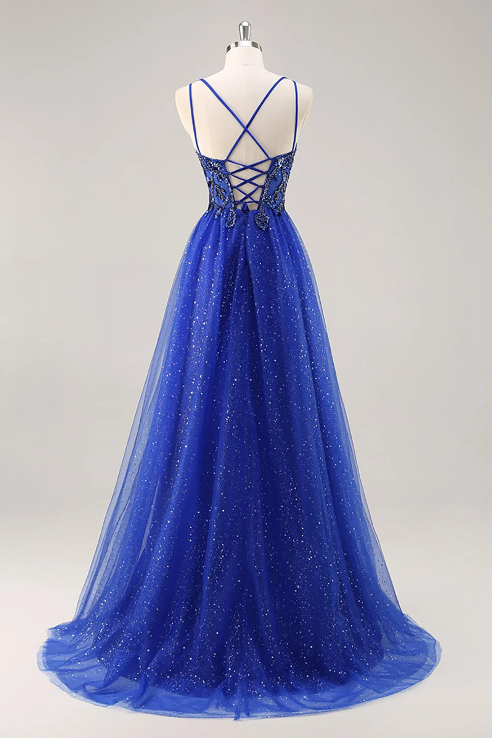 Sparkly Royal Blue A-Line V Neck Beaded Tulle Long Prom Dress with Slit sold by Wedtrend product image thumbnail 2