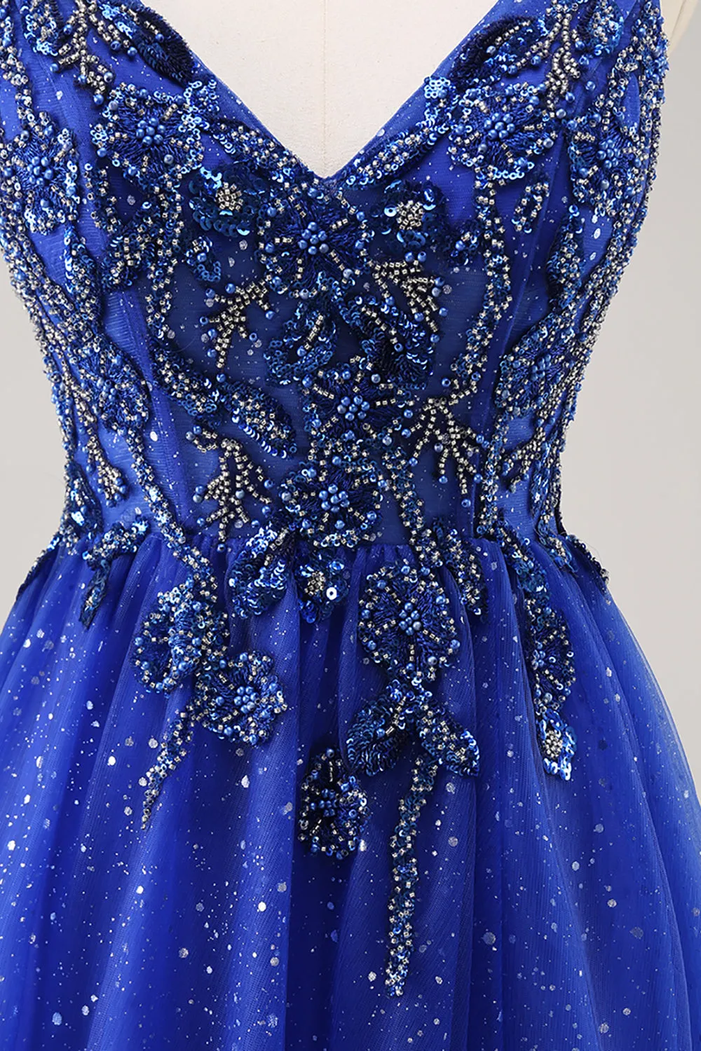 Sparkly Royal Blue A-Line V Neck Beaded Tulle Long Prom Dress with Slit sold by Wedtrend product image thumbnail 4