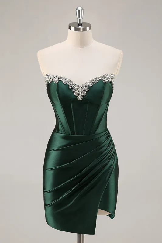 Dark Green Bodycon Strapless Corset Ruched Satin Homecoming Dress with Slit made by Wedtrend