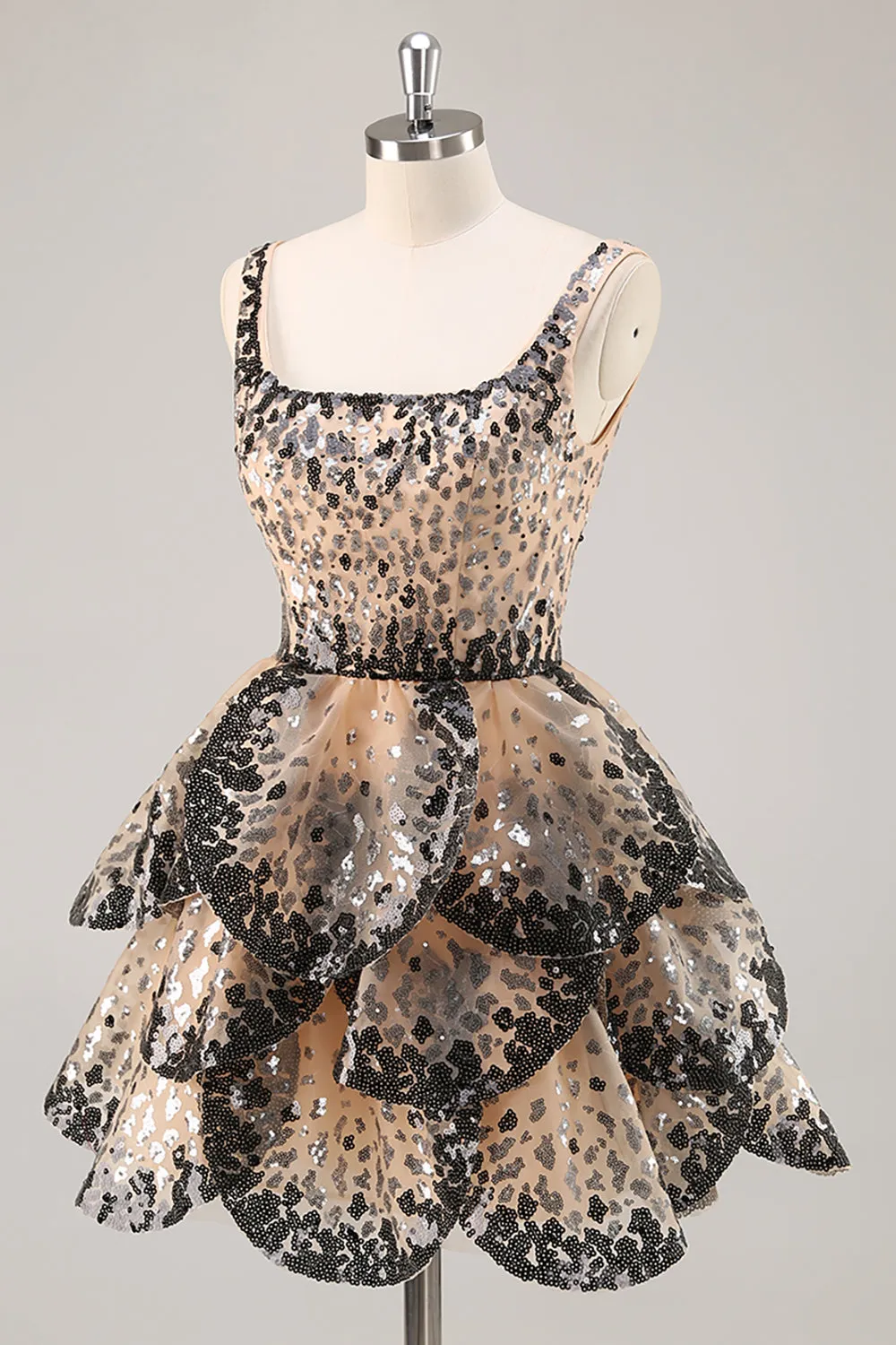 Sparkly Black Apricot A Line Tiered Short Homecoming Dress with Sequins sold by Wedtrend product image thumbnail 3