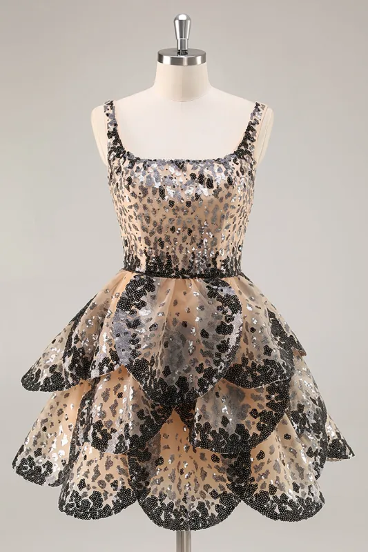 Sparkly Black Apricot A Line Tiered Short Homecoming Dress with Sequins sold by Wedtrend