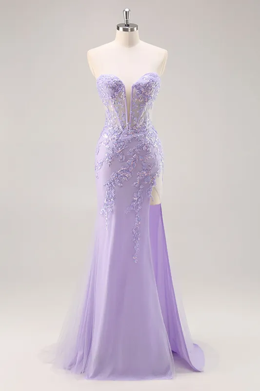 Lilac Mermaid Strapless Corset Long Prom Dress With Slit made by Wedtrend