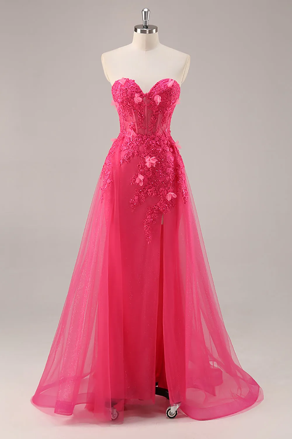 Fuchsia A Line Strapless Corset Tulle Sequins Floral Prom Dress with Slit sold by Wedtrend