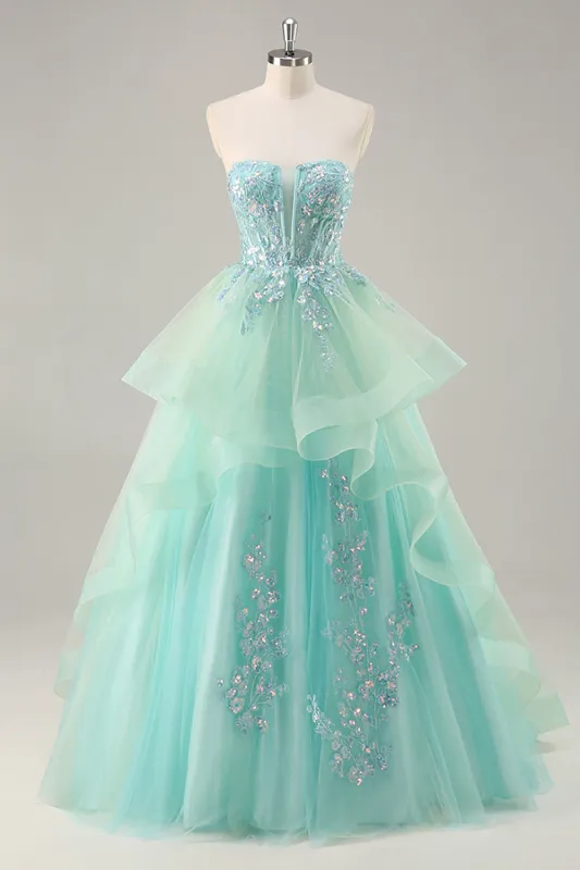 Green A Line Strapless Sequins Corset Long Prom Dress with Lace Up Back made by Wedtrend