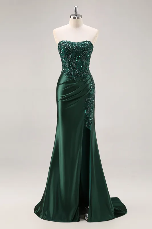 Dark Green Mermaid Strapless Beaded Sequins Satin Long Prom Dress with Slit made by Wedtrend