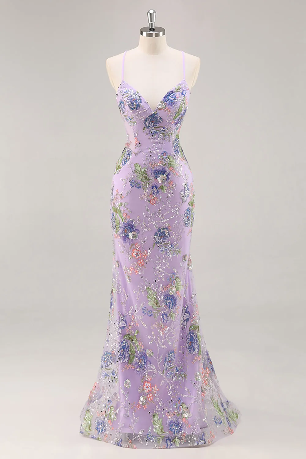 Lilac Mermaid Spaghetti Straps Sequins Long Prom Dress with Lace Up Back sold by Wedtrend