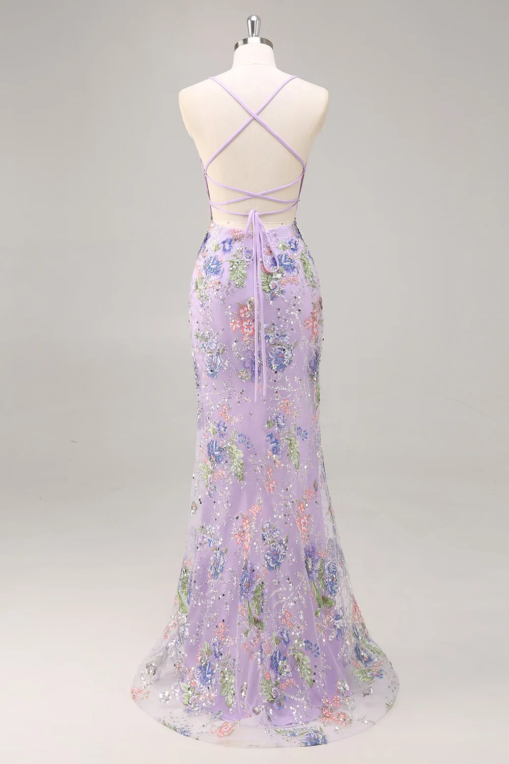 Lilac Mermaid Spaghetti Straps Sequins Long Prom Dress with Lace Up Back sold by Wedtrend product image thumbnail 2