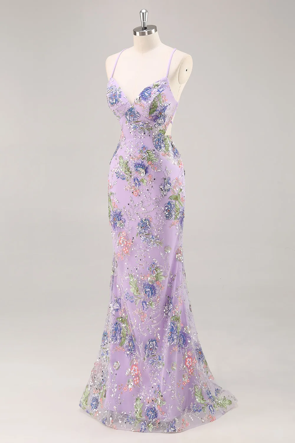 Lilac Mermaid Spaghetti Straps Sequins Long Prom Dress with Lace Up Back sold by Wedtrend product image thumbnail 3