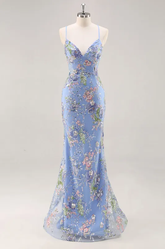 Sparkly Blue Mermaid V Neck Sequins Long Prom Dress with Lace Up Back sold by Wedtrend