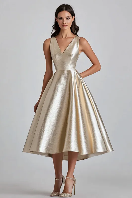 Metallic Champagne V-Neck A Line Formal Dress made by Wedtrend